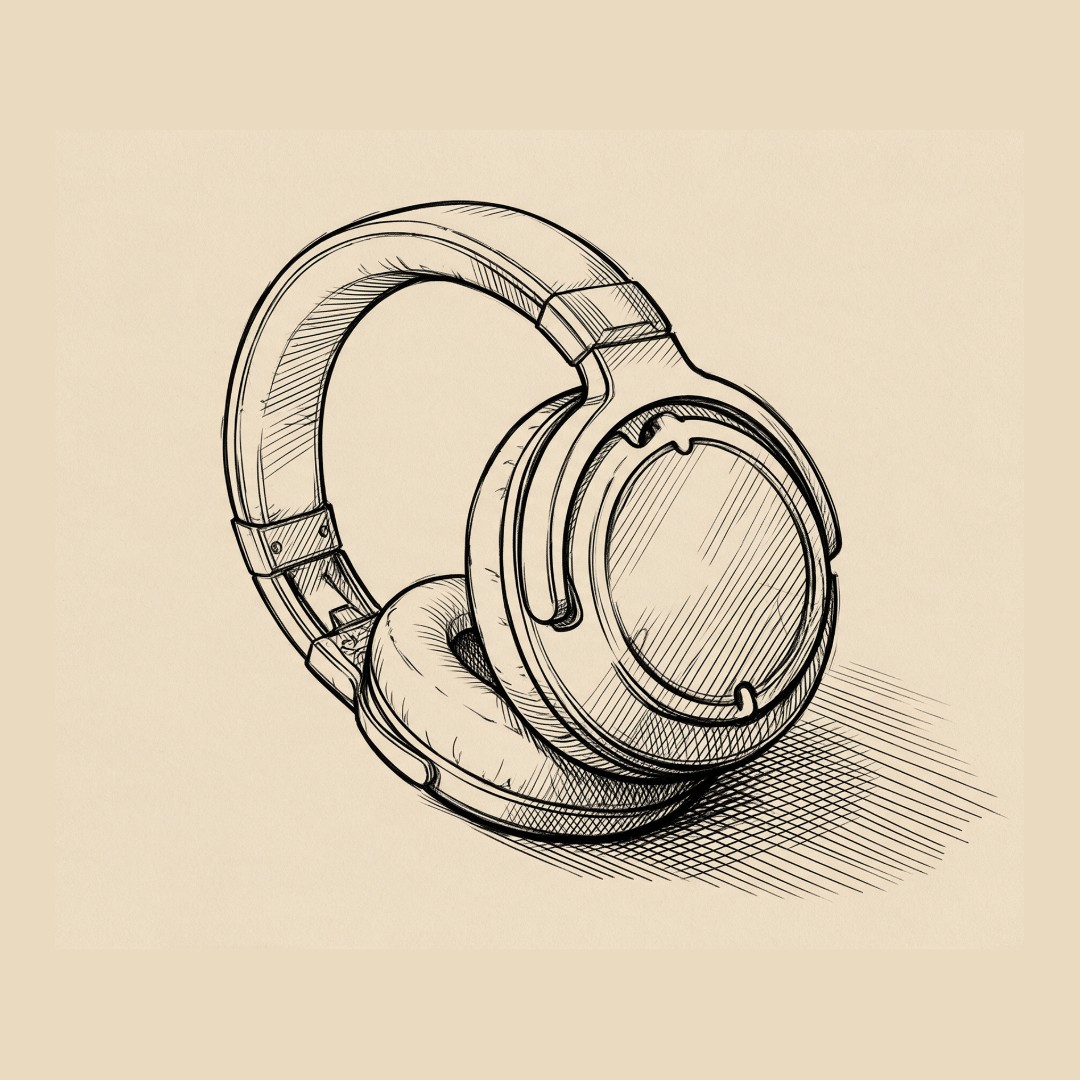 Fones de ouvido desenhados em traços de nanquim.