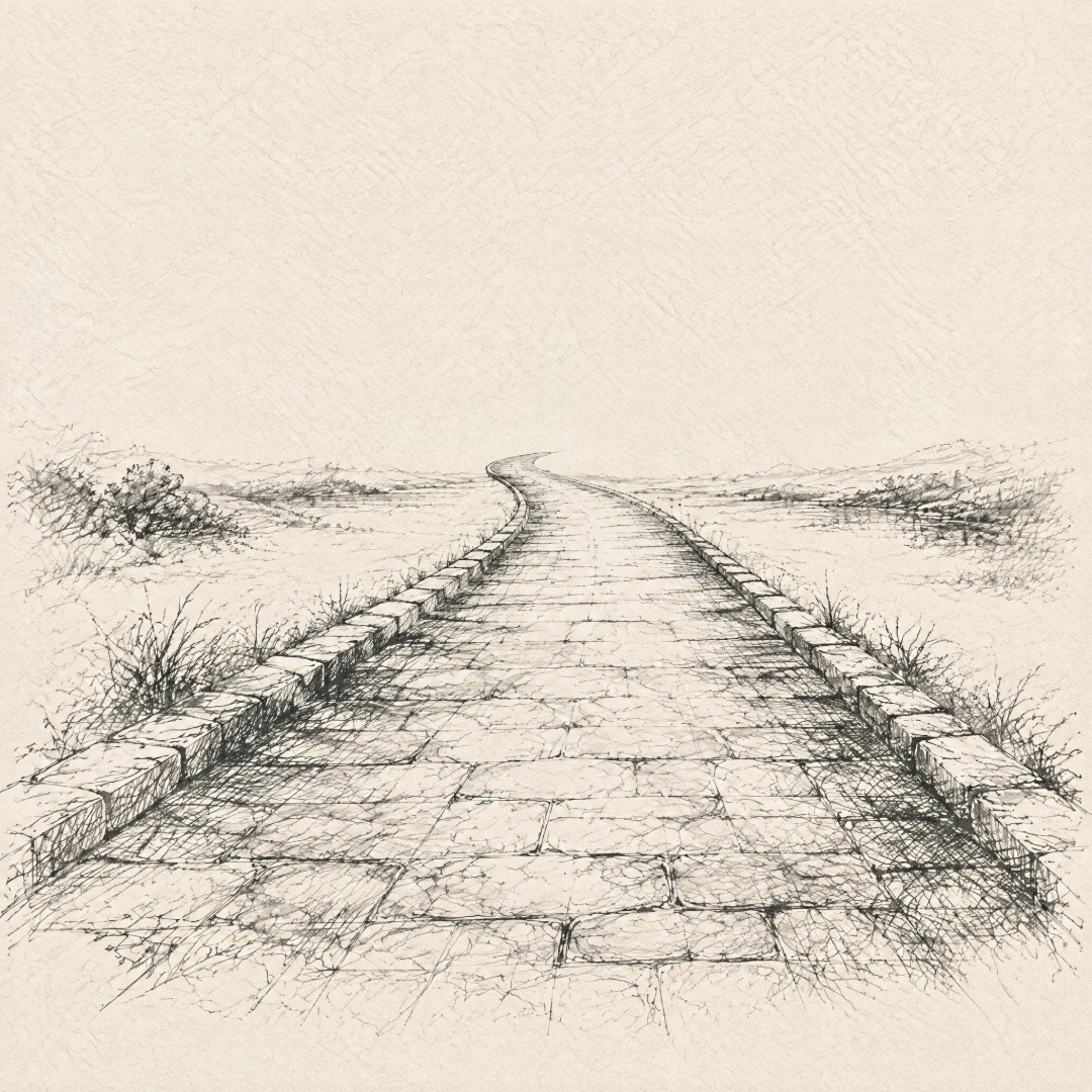 Um caminho de pedras segue adiante pelo horizonte.