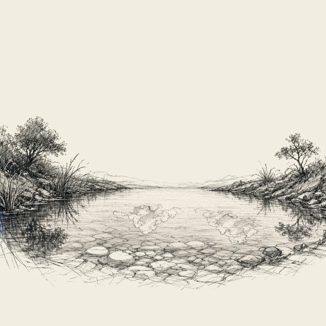 Ilustração em nanquim de um rio raso e transparente, com pedras visíveis sob a água.