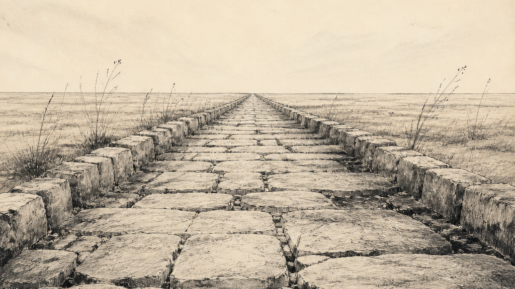 Caminho de pedras em perspectiva que segue até o horizonte, cercado por vegetação baixa.